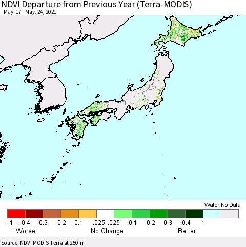 Japan NDVI Departure from Previous Year (Terra-MODIS) Thematic Map For 5/17/2021 - 5/24/2021