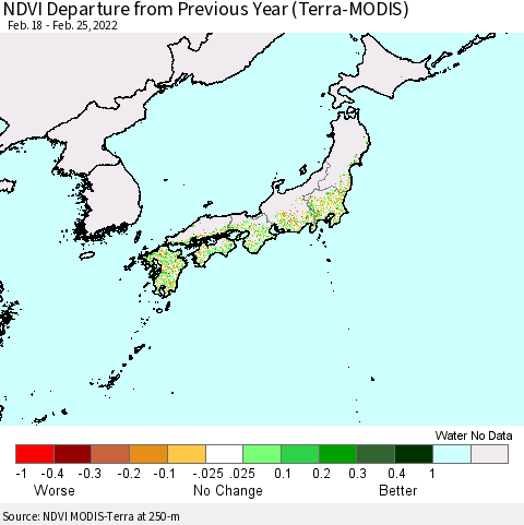 Japan NDVI Departure from Previous Year (Terra-MODIS) Thematic Map For 2/18/2022 - 2/25/2022