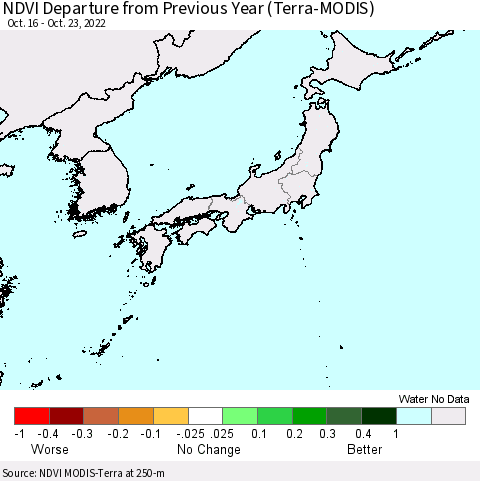 Japan NDVI Departure from Previous Year (Terra-MODIS) Thematic Map For 10/16/2022 - 10/23/2022