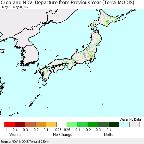 Japan Cropland NDVI Departure from Previous Year (Terra-MODIS) Thematic Map For 5/1/2021 - 5/8/2021