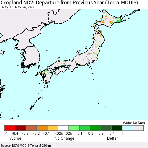 Japan Cropland NDVI Departure from Previous Year (Terra-MODIS) Thematic Map For 5/17/2022 - 5/24/2022
