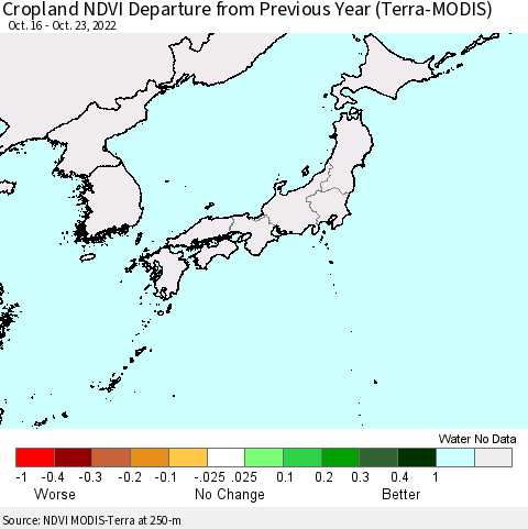 Japan Cropland NDVI Departure from Previous Year (Terra-MODIS) Thematic Map For 10/16/2022 - 10/23/2022