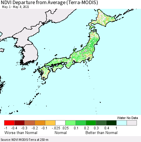 Japan NDVI Departure from Average (Terra-MODIS) Thematic Map For 5/1/2021 - 5/8/2021