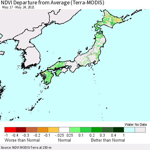Japan NDVI Departure from Average (Terra-MODIS) Thematic Map For 5/17/2021 - 5/24/2021