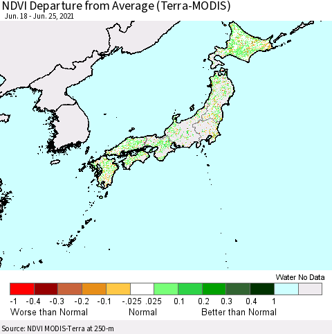 Japan NDVI Departure from Average (Terra-MODIS) Thematic Map For 6/18/2021 - 6/25/2021