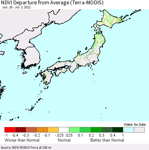 Japan NDVI Departure from Average (Terra-MODIS) Thematic Map For 6/26/2021 - 7/3/2021