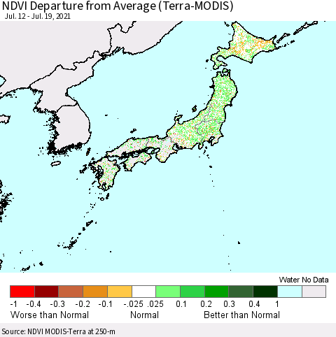 Japan NDVI Departure from Average (Terra-MODIS) Thematic Map For 7/12/2021 - 7/19/2021