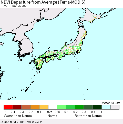 Japan NDVI Departure from Average (Terra-MODIS) Thematic Map For 12/19/2021 - 12/26/2021