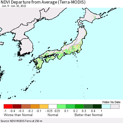 Japan NDVI Departure from Average (Terra-MODIS) Thematic Map For 1/9/2022 - 1/16/2022