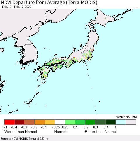Japan NDVI Departure from Average (Terra-MODIS) Thematic Map For 2/10/2022 - 2/17/2022