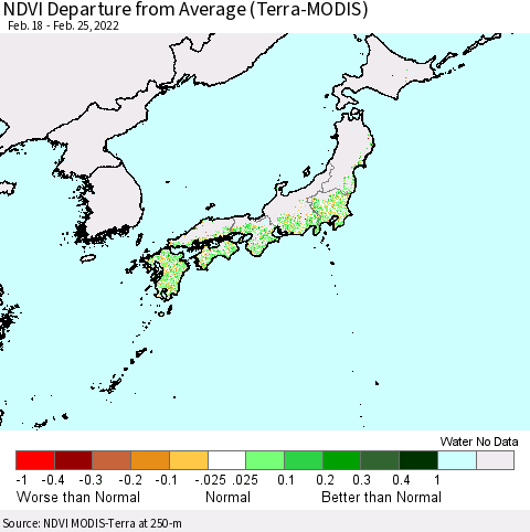Japan NDVI Departure from Average (Terra-MODIS) Thematic Map For 2/18/2022 - 2/25/2022
