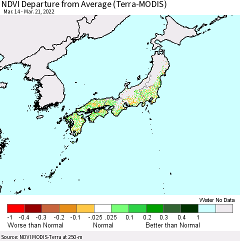 Japan NDVI Departure from Average (Terra-MODIS) Thematic Map For 3/14/2022 - 3/21/2022