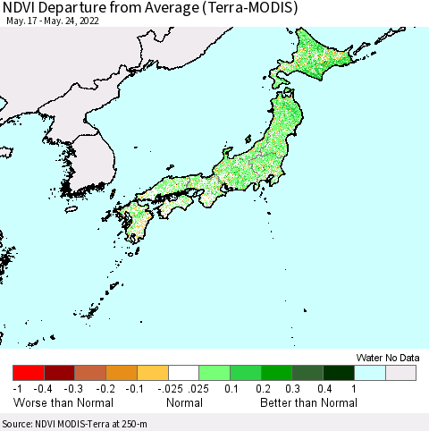 Japan NDVI Departure from Average (Terra-MODIS) Thematic Map For 5/17/2022 - 5/24/2022
