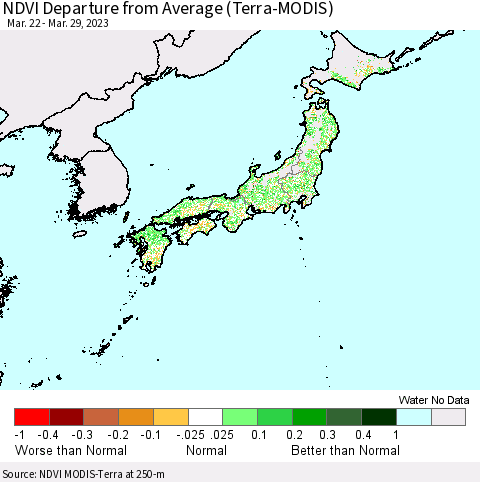 Japan NDVI Departure from Average (Terra-MODIS) Thematic Map For 3/22/2023 - 3/29/2023