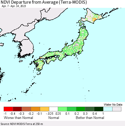 Japan NDVI Departure from Average (Terra-MODIS) Thematic Map For 4/7/2023 - 4/14/2023