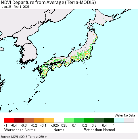 Japan NDVI Departure from Average (Terra-MODIS) Thematic Map For 1/25/2024 - 2/1/2024