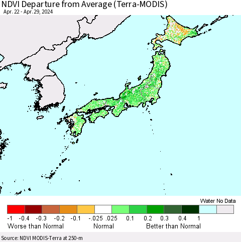 Japan NDVI Departure from Average (Terra-MODIS) Thematic Map For 4/22/2024 - 4/29/2024