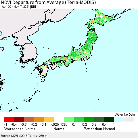 Japan NDVI Departure from Average (Terra-MODIS) Thematic Map For 4/30/2024 - 5/7/2024