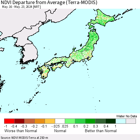 Japan NDVI Departure from Average (Terra-MODIS) Thematic Map For 5/16/2024 - 5/23/2024