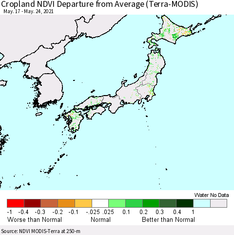 Japan Cropland NDVI Departure from Average (Terra-MODIS) Thematic Map For 5/17/2021 - 5/24/2021