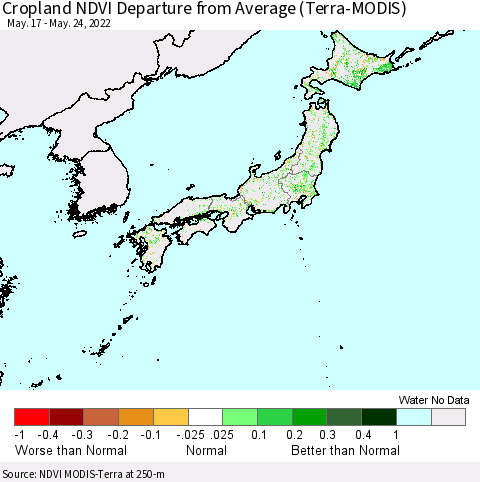 Japan Cropland NDVI Departure from Average (Terra-MODIS) Thematic Map For 5/17/2022 - 5/24/2022
