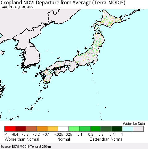 Japan Cropland NDVI Departure from Average (Terra-MODIS) Thematic Map For 8/21/2022 - 8/28/2022