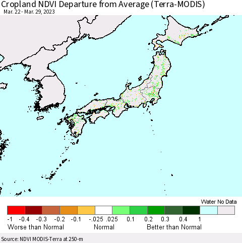Japan Cropland NDVI Departure from Average (Terra-MODIS) Thematic Map For 3/22/2023 - 3/29/2023