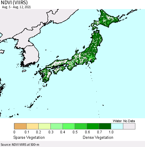 Japan NDVI (VIIRS) Thematic Map For 8/5/2021 - 8/12/2021