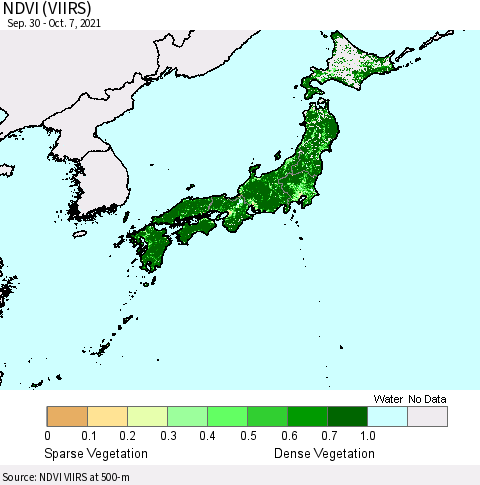 Japan NDVI (VIIRS) Thematic Map For 9/30/2021 - 10/7/2021