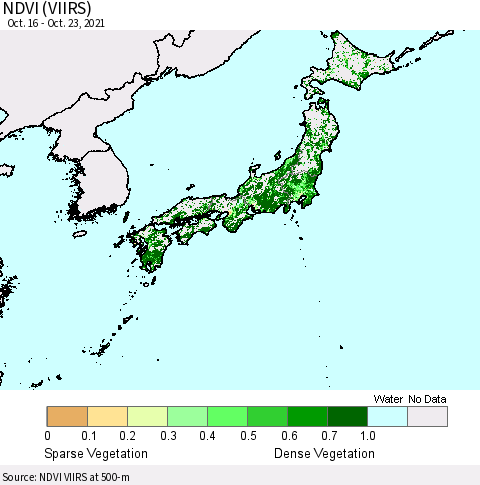 Japan NDVI (VIIRS) Thematic Map For 10/16/2021 - 10/23/2021