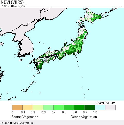 Japan NDVI (VIIRS) Thematic Map For 11/9/2021 - 11/16/2021