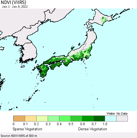 Japan NDVI (VIIRS) Thematic Map For 1/1/2022 - 1/8/2022