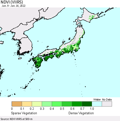 Japan NDVI (VIIRS) Thematic Map For 1/9/2022 - 1/16/2022