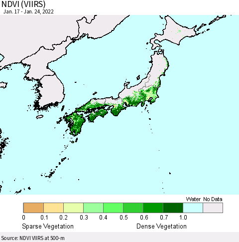 Japan NDVI (VIIRS) Thematic Map For 1/17/2022 - 1/24/2022