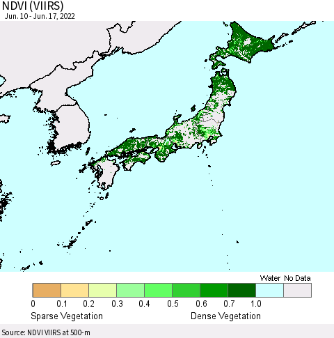 Japan NDVI (VIIRS) Thematic Map For 6/10/2022 - 6/17/2022