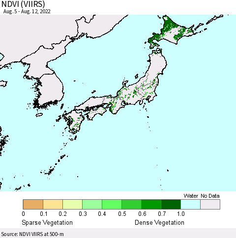 Japan NDVI (VIIRS) Thematic Map For 8/5/2022 - 8/12/2022
