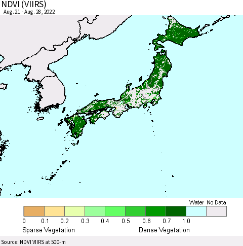 Japan NDVI (VIIRS) Thematic Map For 8/21/2022 - 8/28/2022