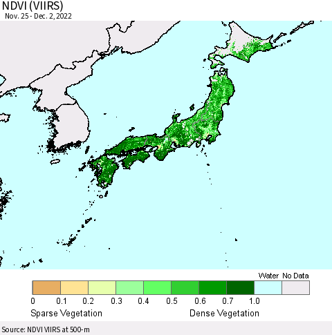 Japan NDVI (VIIRS) Thematic Map For 11/25/2022 - 12/2/2022