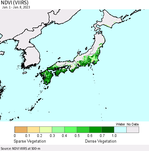 Japan NDVI (VIIRS) Thematic Map For 1/1/2023 - 1/8/2023