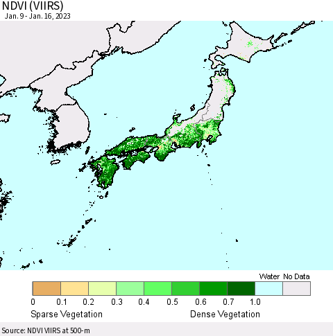 Japan NDVI (VIIRS) Thematic Map For 1/9/2023 - 1/16/2023