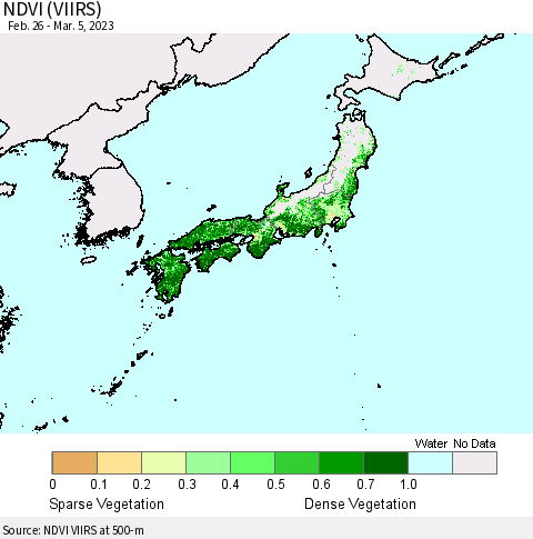 Japan NDVI (VIIRS) Thematic Map For 2/26/2023 - 3/5/2023