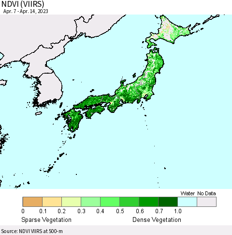 Japan NDVI (VIIRS) Thematic Map For 4/7/2023 - 4/14/2023