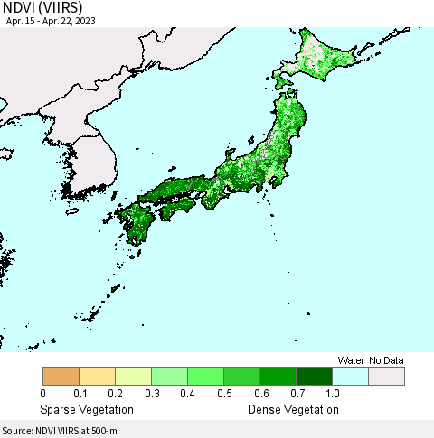 Japan NDVI (VIIRS) Thematic Map For 4/15/2023 - 4/22/2023