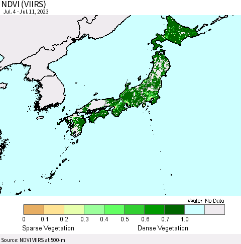 Japan NDVI (VIIRS) Thematic Map For 7/4/2023 - 7/11/2023