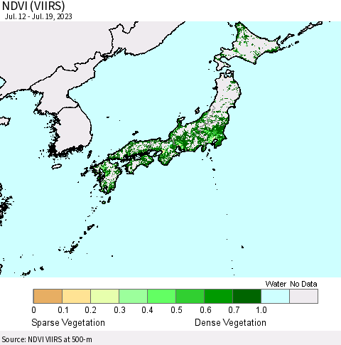 Japan NDVI (VIIRS) Thematic Map For 7/12/2023 - 7/19/2023