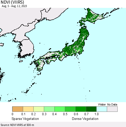 Japan NDVI (VIIRS) Thematic Map For 8/5/2023 - 8/12/2023