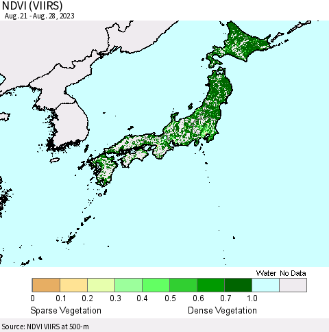 Japan NDVI (VIIRS) Thematic Map For 8/21/2023 - 8/28/2023