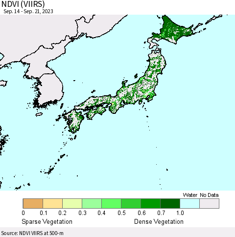 Japan NDVI (VIIRS) Thematic Map For 9/14/2023 - 9/21/2023