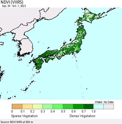 Japan NDVI (VIIRS) Thematic Map For 9/30/2023 - 10/7/2023