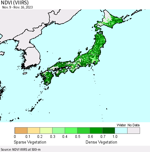 Japan NDVI (VIIRS) Thematic Map For 11/9/2023 - 11/16/2023